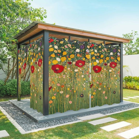 Spring Red Flower Outdoor Curtains for Patio Waterproof, Retro Pastoral Oil Painting Grommet Curtains for Porch Outside Privacy Drape for Gazebo Garden Pergola, 2 Panels, 54x84in