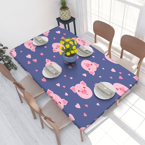 Elastic Edge Fitted Tablecloth Kawaii Pink Pig Face Hearts Farm for Rectangle Table 4 FT 30 X 48 Inch