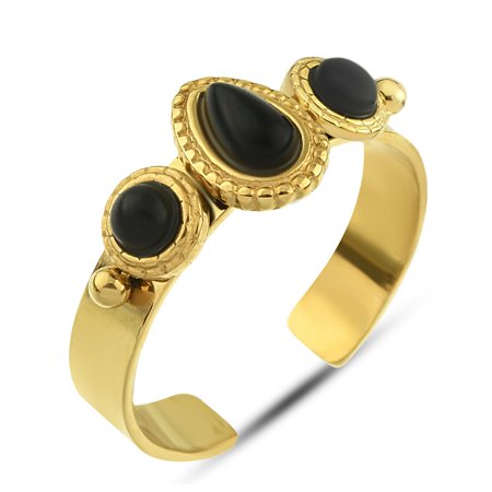 Three Black Stone Band Ring - Ajustable Yellow Gold Plated Stainless Steel Ring - Vintage Hippie Forefinger Ring for Women - Jewelry for Women
