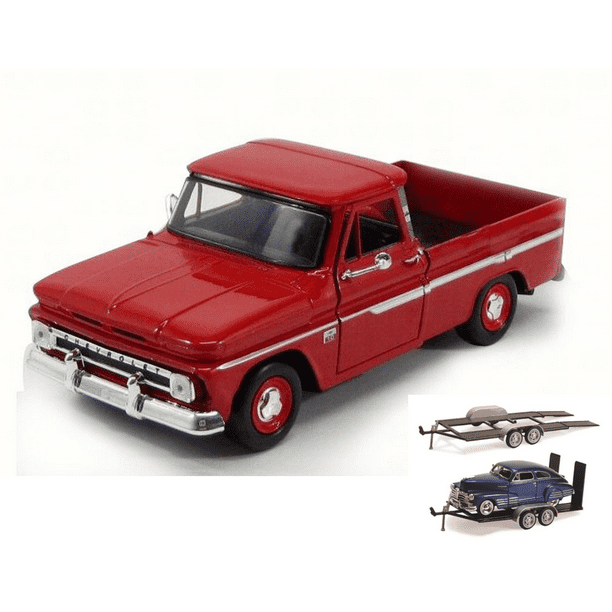 Diecast Car And Trailer Package 1966 Chevy C10 Fleetside Pick Up Truck Red Motor Max 73355ac