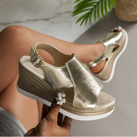 

XIAQUJ Women Metallic Slingback Wedge Sandals Glamorous Summer Bohemian Sandals Sandals for Women Gold 9(42)
