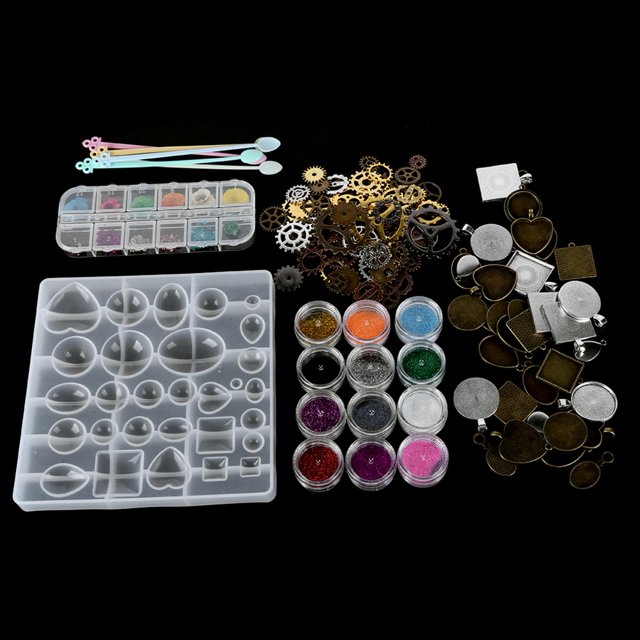 Molde de joyería, bandeja de base colgante de metal, polvo de brillo, molde de silicona, conjunto de herramientas para hacer colgantes de joyería Ecomeon no