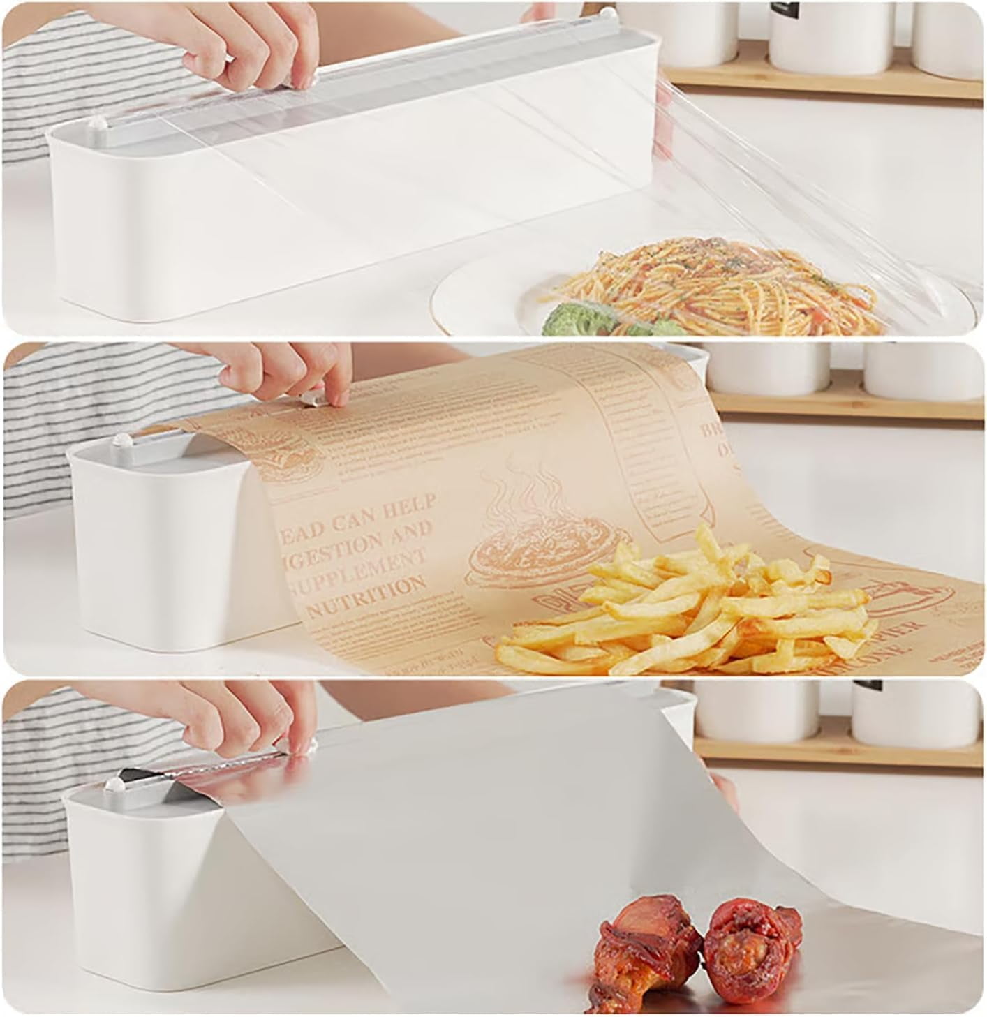Refillable Magnetic Plastic Wrap Dispenser with Cutter – Sturdy Tin Aluminum Foil & Cling Film Dispenser, Includes 4m Plastic wrap(Gray‑White)-dh