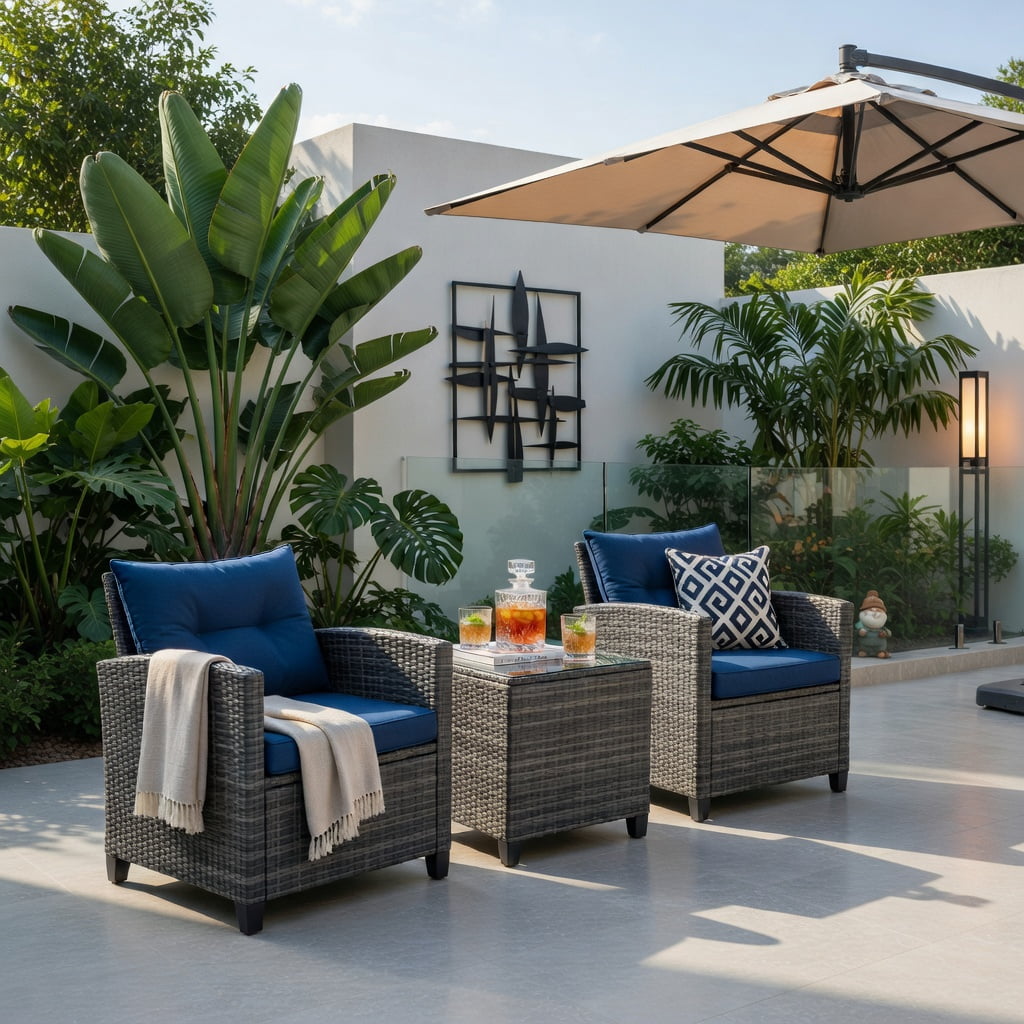 Hommoo 3-Piece Outdoor Wicker Conversation Set, PE Rattan Sofa Set with Tempered Glass Coffee Table, Weather-Resistant Patio Furniture for Backyard, Poolside & Garden, Navy
