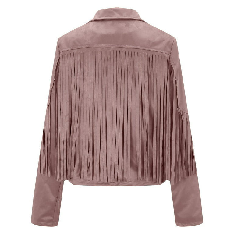 Women's Leather Jacket Faux Suede Fringe Jacket Long Sleeve Lapel
