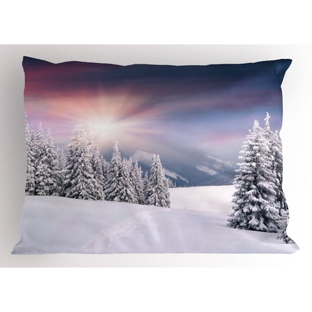 Lr Sham - Winter Pillow Sham Idyllic Image of Snow Season Outdoors Frozen Highlands Sunset in Cold Weather Print, Decorative Standard Queen Size Printed Pillowcase, 30 X 20 Inches, Multicolor, by Ambesonne