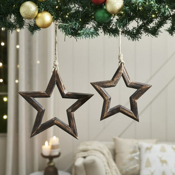 VHC Brands Dark Wooden Star Ornament Set of 2 - 8/9.75 inch