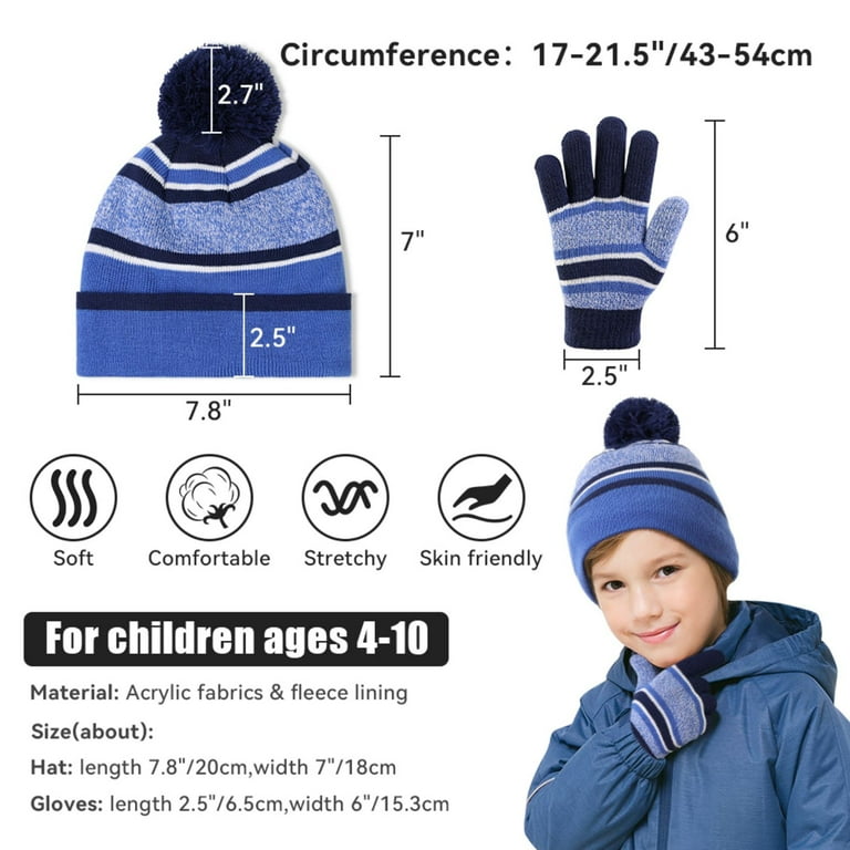 OZERO 2Pcs Kids Winter Knit Hat Gloves Set for 4 10 Year Boys and Girls