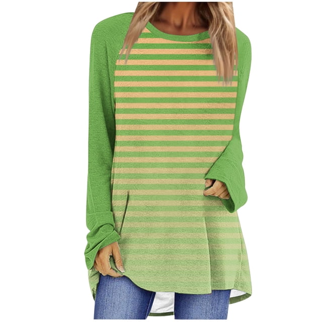 Chemises Plissées à Col Rond pour Femmes Hauts Tendance à Col Rond Raglan Manches Longues chandail-Overs Mode Automne Décontracté Rayé Ample Blouses Surdimensionnées S-106 Jaune P