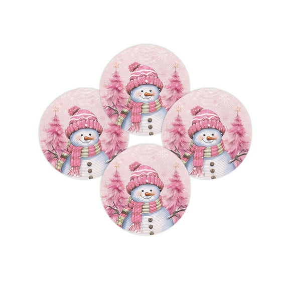 Christmas Round Placemats Set of 4 Pink Snowman Place Mats Washable Woven Placemat Xmas Tree Winter Snowflake Circle Braided Table Mat for Kitchen Dining Table Party Home Decor 15 Inch
