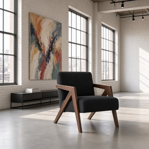 Mid-Century Modern Accent Chair, Upholstered Reading Armchair with Rubber Wood Frame & Soft Chenille Fabric, Comfy Living Room Chair with 300 lbs Capacity, Black