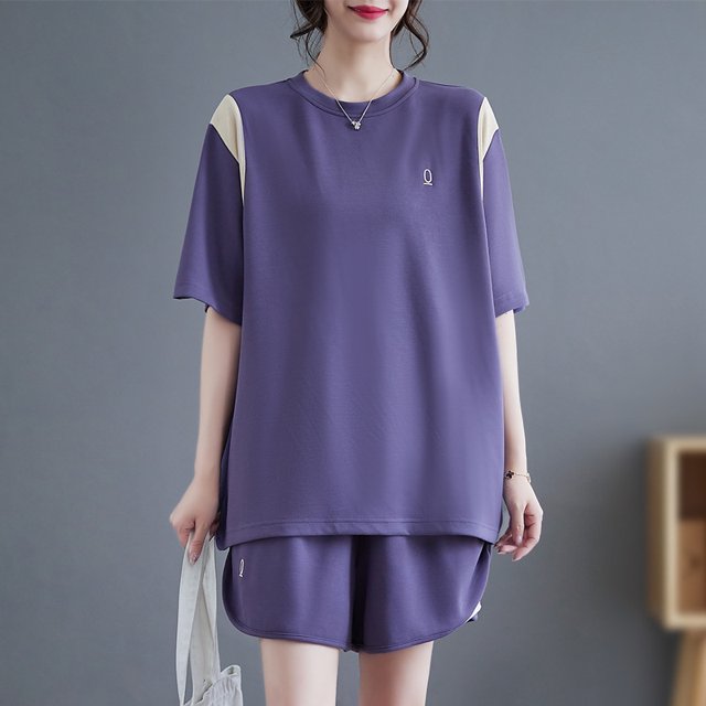 Traje de dos piezas a juego con color de tiro, camiseta de manga corta con cuello redondo + pantalones cortos elásticos de cintura alta para mujer
