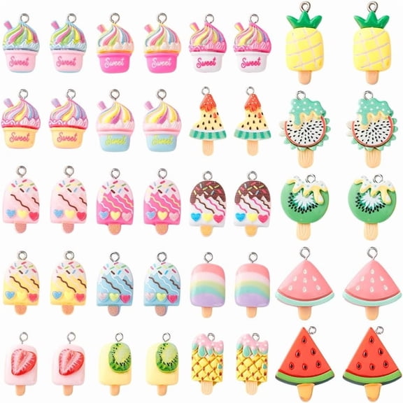 PH 40Pcs 20 Styles Opaque Resin Ice Cream Pendants 20~34mm Imitation Food Fruits Charms Cartoon Resin Charms with Platinum Tone Iron Loops DIY Necklace Earrings Bracelet Craft Making Multi-color