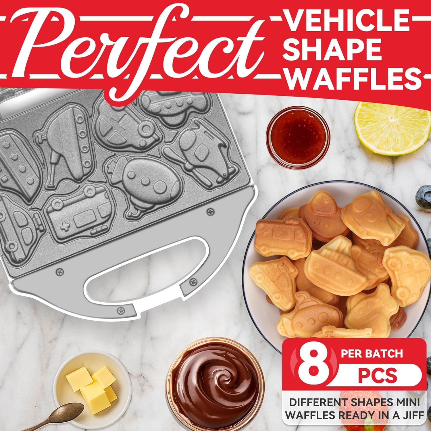 Car Waffle Maker for Kids, Halloween & Christmas Mini Waffle Maker, 8 Fun Vehicle Shaped Mini Pancake Maker, Non Stick Surface, Excellent Gift, White