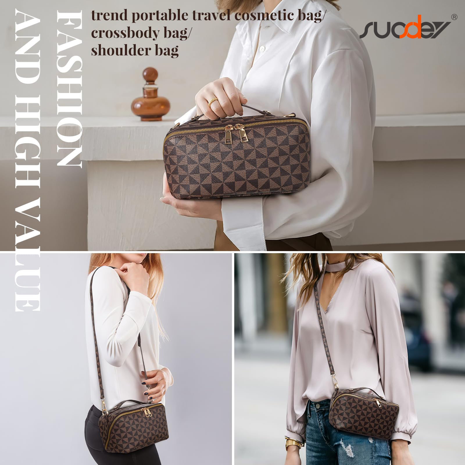 Suosdey 2 in 1 Crossbody Makeup Bag, Leather, Large photo 5