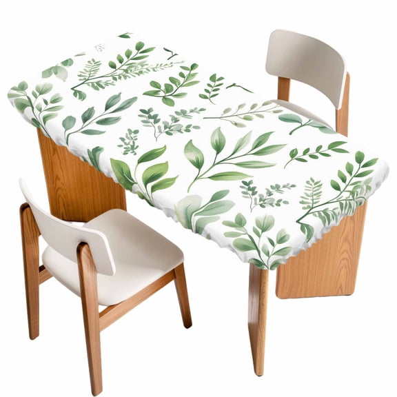 Eucalyptus Leaves Table Cloths for 4 Foot Rectangle Tables, Sage Green Watercolor Farmhouse Patio Waterproof Elastic Fitted Tablecloths, Washable Rectangular Table Cover for Camping