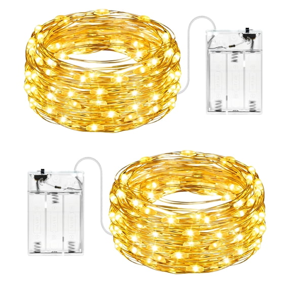 Ollny 2pc Battery Operated 50 LEDs Fairy String Lights, 16ft Warm White Silver Wire Lights for Bedroom Wedding Party Indoor Outdoor Decor