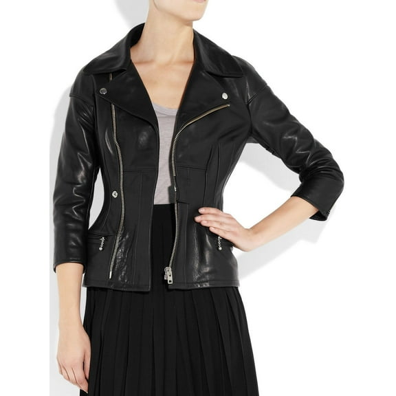 Noora Women's Black Notched collar cinched black Biker Leather jacket ST0233