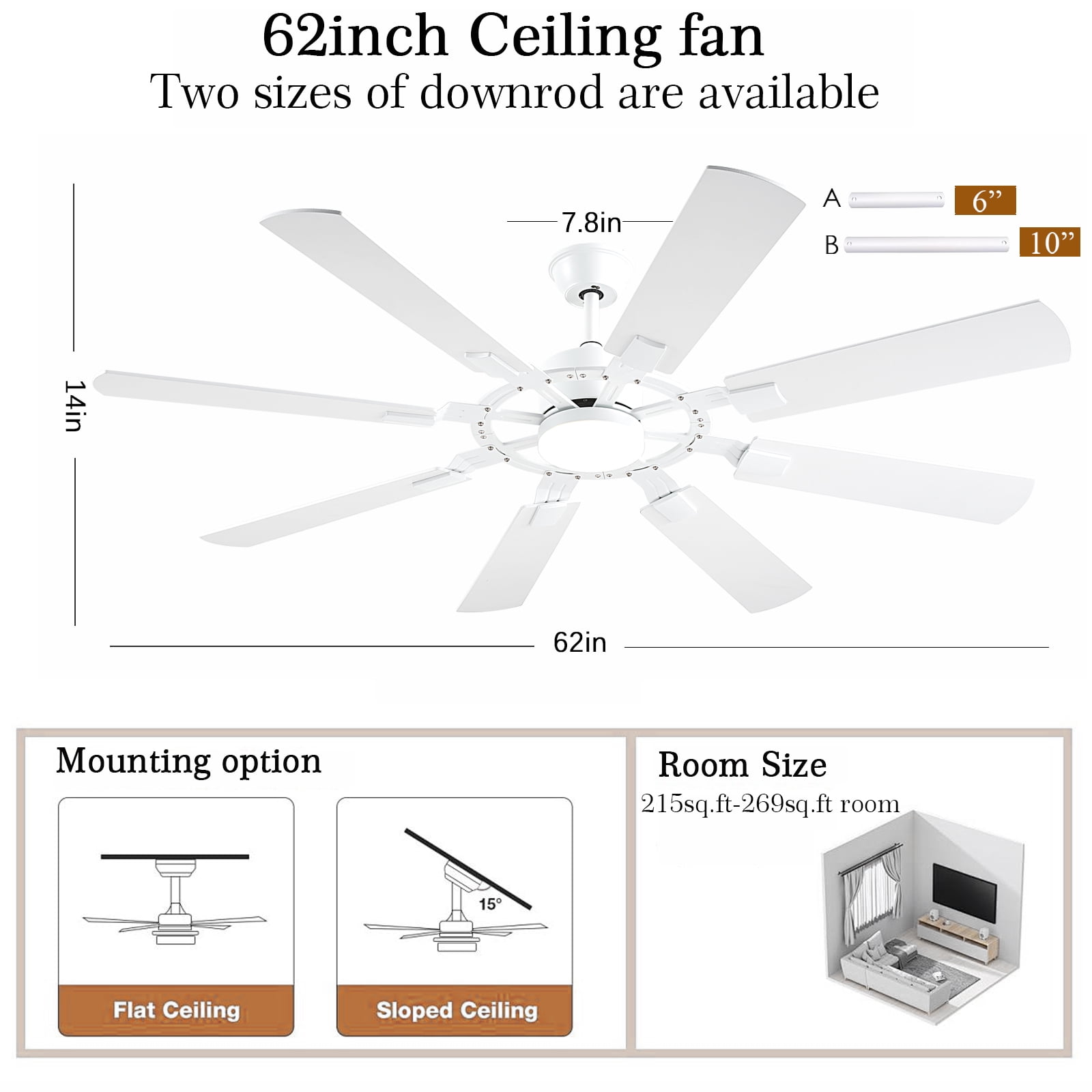 62 Inch Ceiling Fans with Lights, Large Low Profile Ceiling Fan with Remote Control, 8 Double Sided Blades， 6 Speed Reversible DC Motor, Silent Timing, White Indoor & Outdoor Ceiling Fan