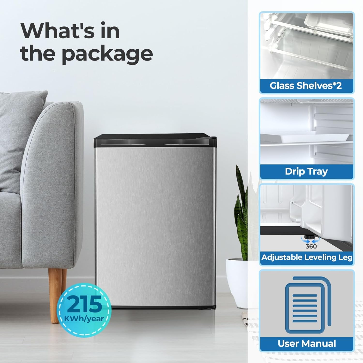 WAA 2.6 Cu.Ft Compact Refrigerator Single Door Mini Fridge with Freezer,Silver