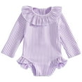 thumbnail image 1 of Toddler Baby Girls Striped Ruffle Long Sleeve One Swimsuit Zipper Bathing Suit Swimwear, 1 of 6