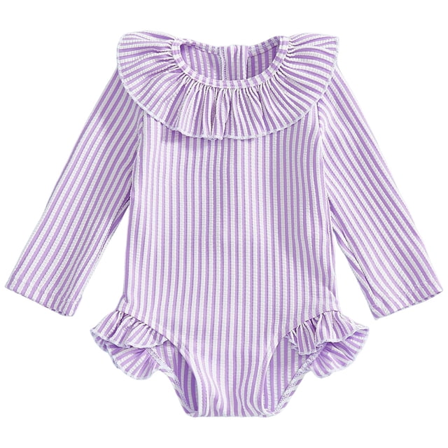 Toddler Baby Girls Striped Ruffle Long Sleeve One Swimsuit Zipper Bathing Suit Swimwear