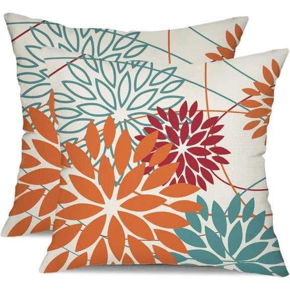 Orange and Red Floral Pillow Covers 18x18 Set of 2 Outdoor Waterproof Decorative Throw Pillows Fall Pillow Covers Polyester Cushion Case Decor for Couch Patio Funiture Garden Porch 01W18