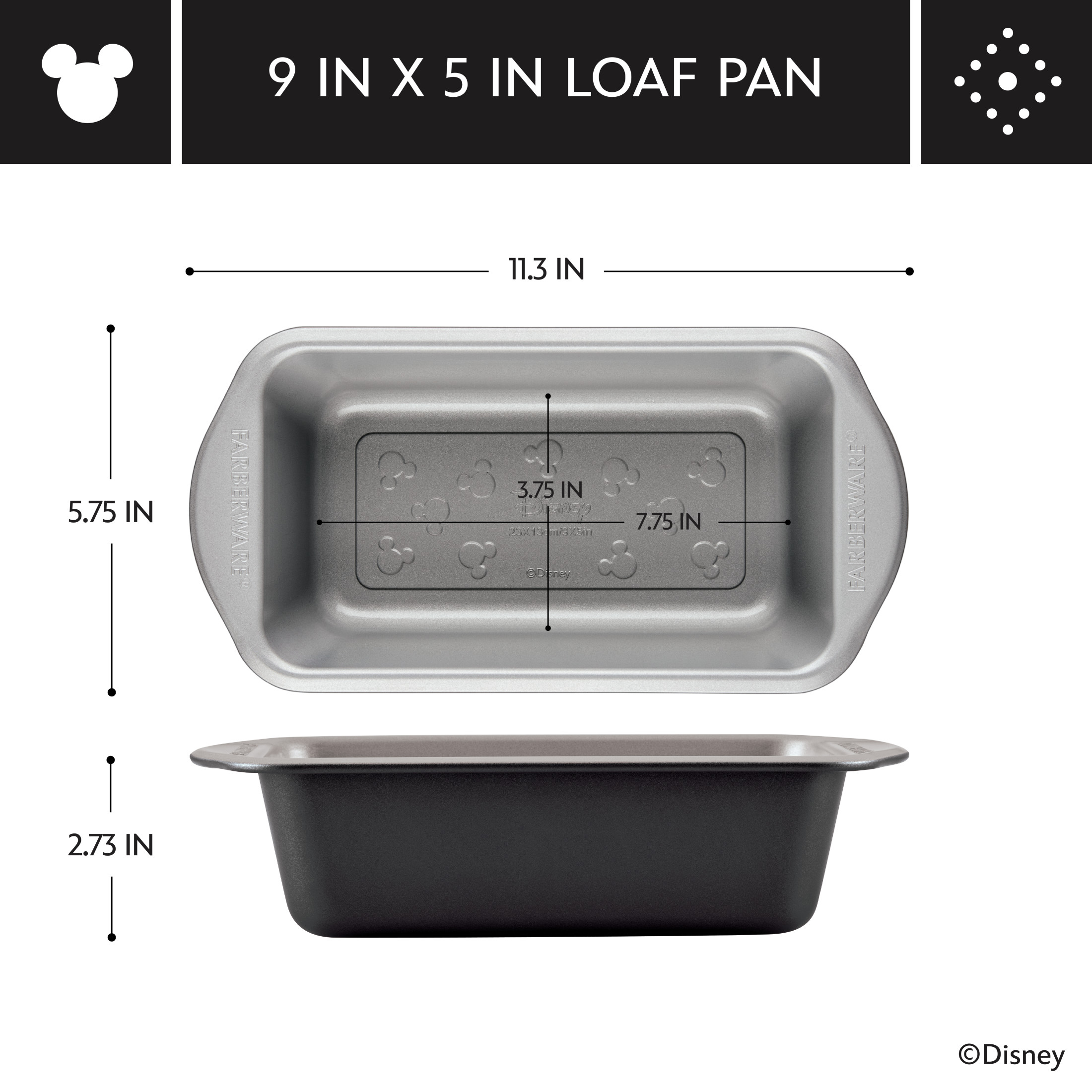 Farberware Disney Bake with Mickey Mouse 9 Inch x 5 Inch Nonstick Loaf Pan / Bread Pan / Meatloaf Pan, Dishwasher Safe and Oven Safe to 450°F, Black