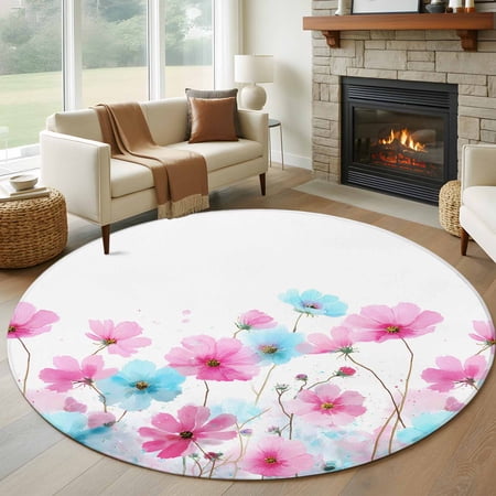 Round Rugs 8 Ft Blue Pink Flowers Non Slip Area Rugs for Kitchen Bedroom Entryway Spring Garden Floral Watercolor Washable Carpet Runner Rug Floor Mats for Bedroom Home Decor