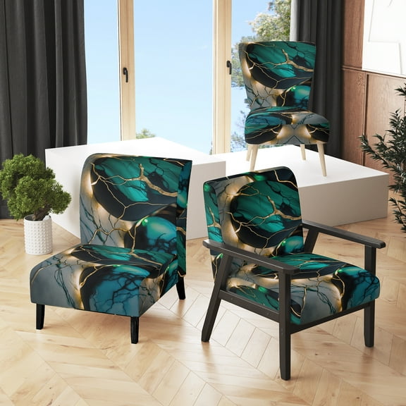 Designart "Green-Hued Geode Abstraction V" Green Marble Upholstered Accent Chair - Modern Arm Chair For Bedroom