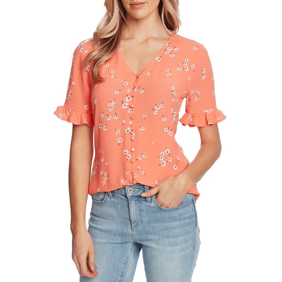 CeCe Cascading Floret Ruffle Sleeve Crepe Blouse In Hot Lava Neon Color Size XS