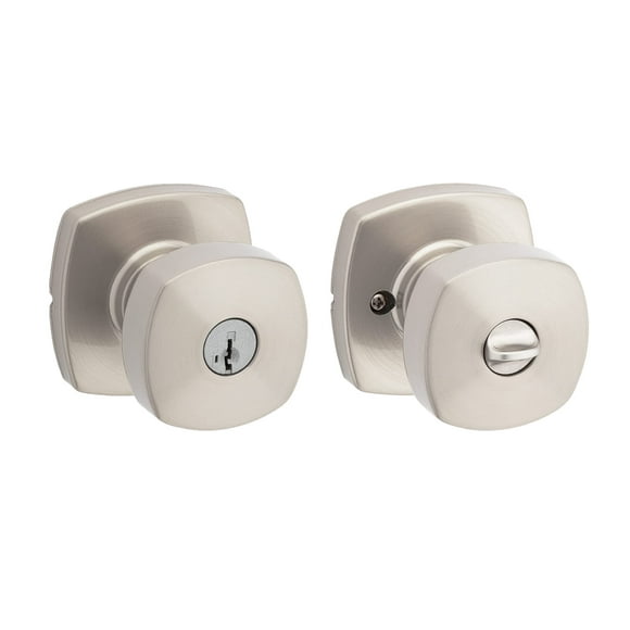 Kwikset Arroyo Knob Entry Door Knob with Lock and Key Se Keyed Handle Exterior Front Entrance and Bedroom Satin Nickel Pick Resistant SmartKey Rekey Security and Microban
