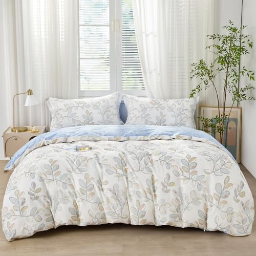 Blue Leaves Botanical Pattern Duvet Cover Twin Size 2pcs Blue Leaf Cotton Garden Style Bedding Comforter Cover Set 1 White Duvet Cover 68"x90" 1 Pillow Sham, Comforter Not Included
