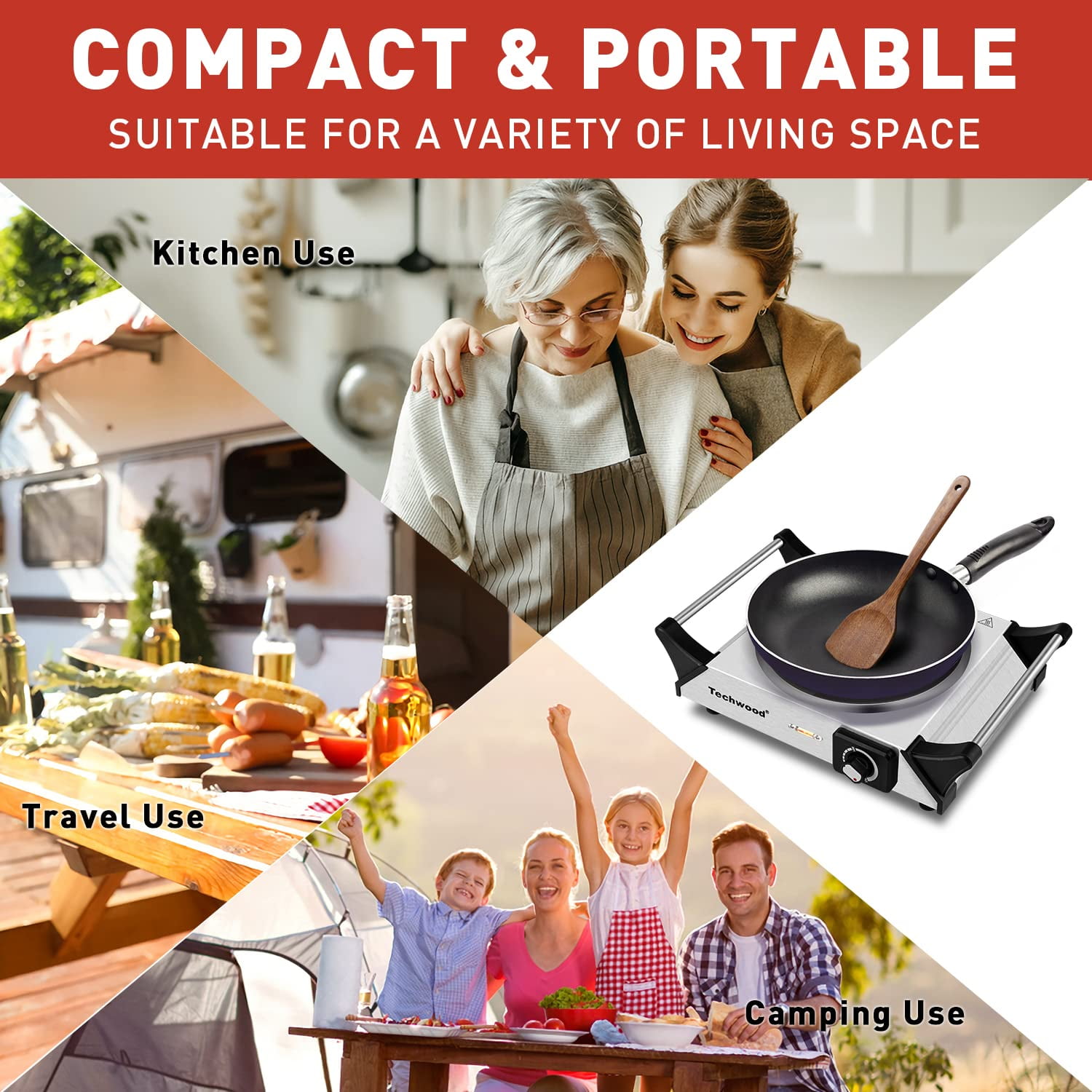 Techwood 1500W Portable Electric Hot Plate Single Burner 13.78 Inch Stainless Steel