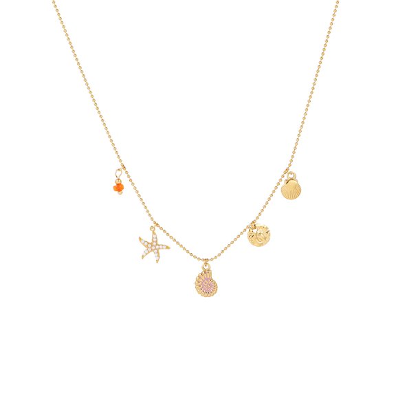 NICKSUN 18K Gold Plated Stainless Steel Ocean Charm Necklace, Starfish Conch Seashell & Double Fish Pendant Dainty Beaded Chain Necklace, Summer Beach Vacation Boho Neck Jewelry for Women
