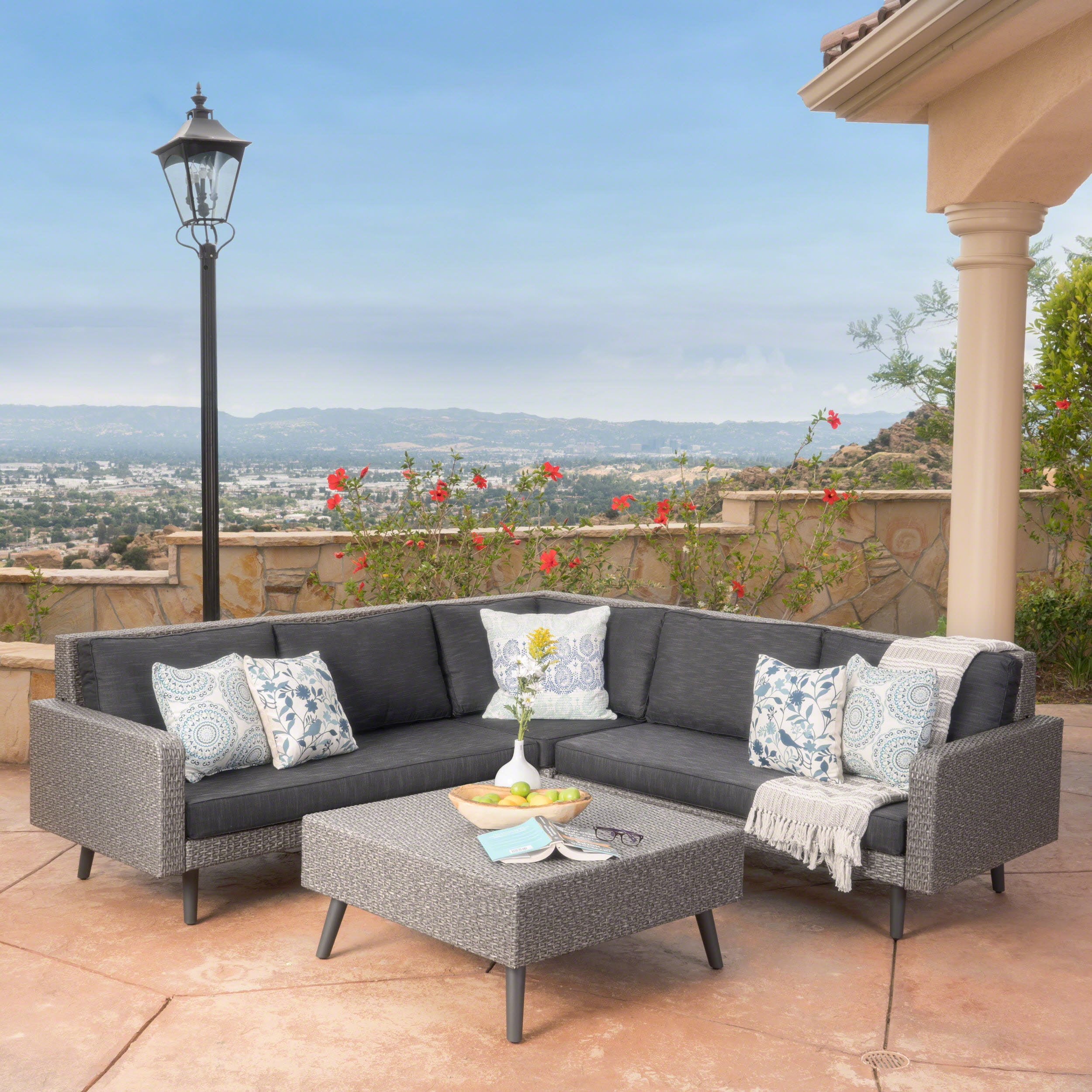 Noble House Townsend 4 Pc Outdoor Patio Sectional Set, Grey/Black Wicker with Table
