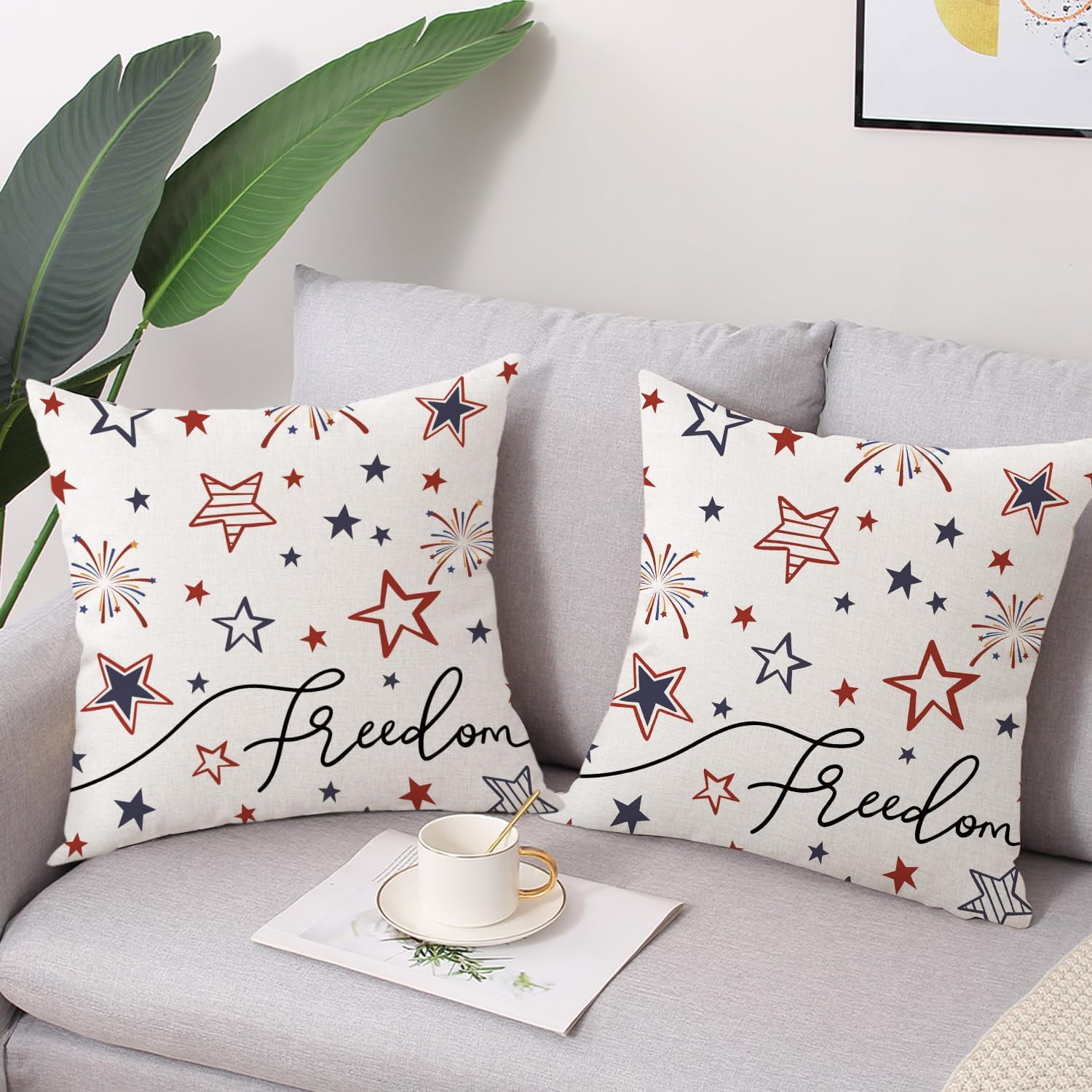 4th of July Throw Pillow Covers 18 x 18 Set of 2 Memorial Day Independence Day American Flag Red Blue Stars Patriotic Decorative Cushion Cases for in-Outdoor Home Decor