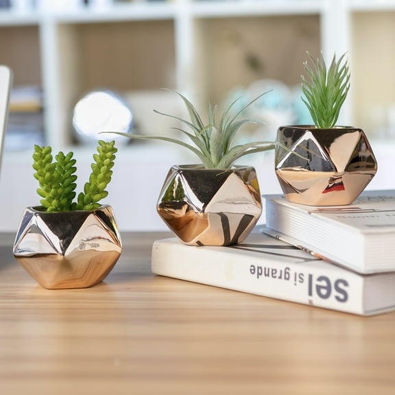 K-Cliffs Succulent Planter Pots, Diamond Shape Copper Color Ceramic Succulent Pots, Set of 3: Each pot-3.75Dia*2.8H
