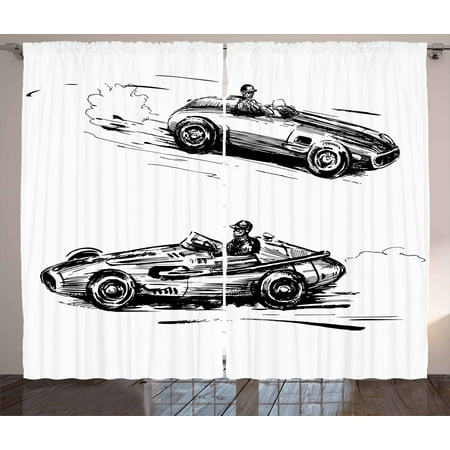 Cars Curtains 2 Panels Set Vintage Racing Cars Hand Drawn Style