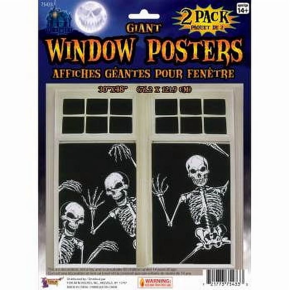 Skeleton Window Posters - Set of 2 - Spooky Decoration - 1 pack of 2
