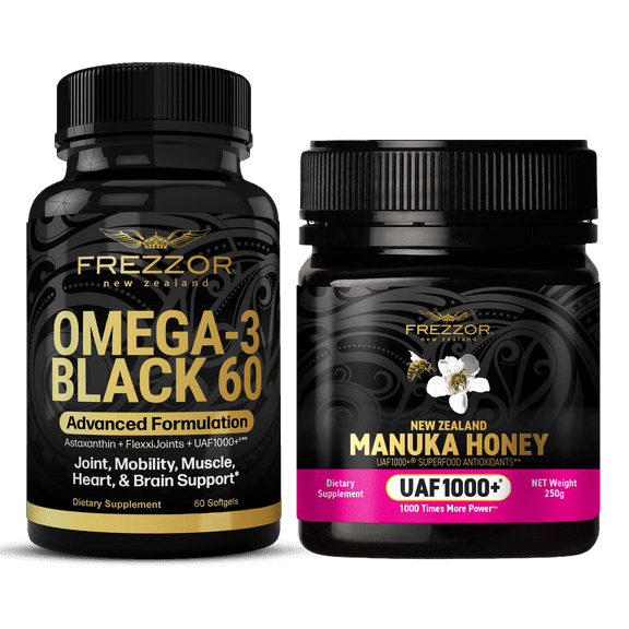 FREZZOR Omega 3 Black Green Lipped Mussel Oil, 53x Higher potency for Superior Joint Comfort & Mobility, No Fishy Aftertaste, 1 Bottle, 60 Softgels plus 1 jar of Manuka Honey