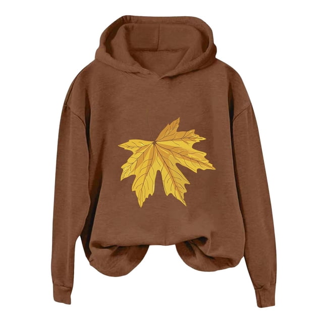 VBARHMQRT Chandails à Col Rond pour Femmes et Hiver à la Mode Action de Grâce Jaune à Revers Imprimé Feuille d'Érable Chandail à Capuchon