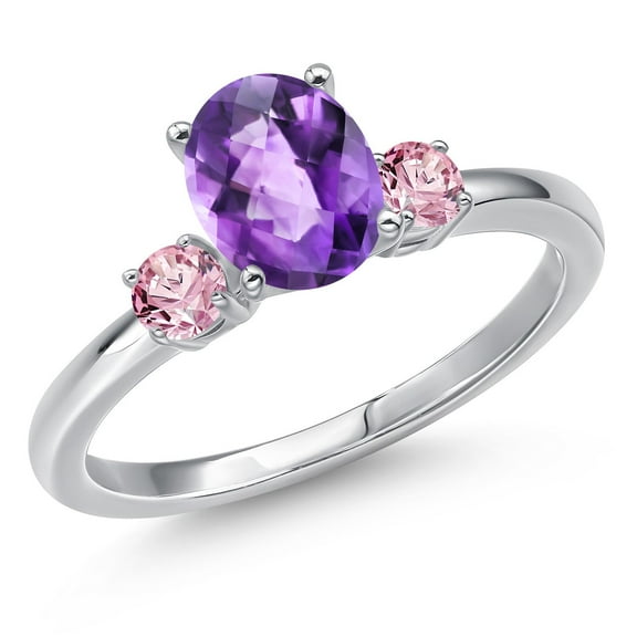 Gem Stone King 14K White Gold Purple Amethyst and Pink Lab Grown Diamond Engagement Ring for Women | 1.46 Cttw | Oval Checkerboard 8X6MM | Gemstone February Birthstone | Size 5