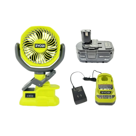 RYOBI PCF02 18-Volt Cordless 4 in. Clamp Fan Kit with 4Ah Battery & Charger