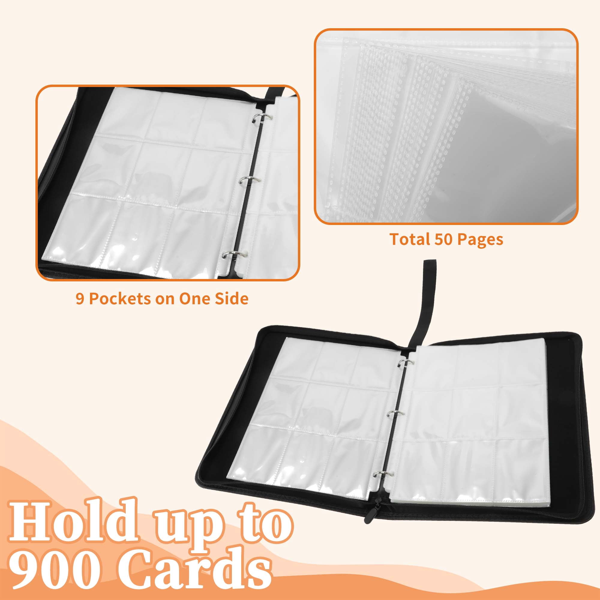 Unique Bargains Card Binder 9 Pocket 50 Pages 900 Card Capacity Zip Album Black