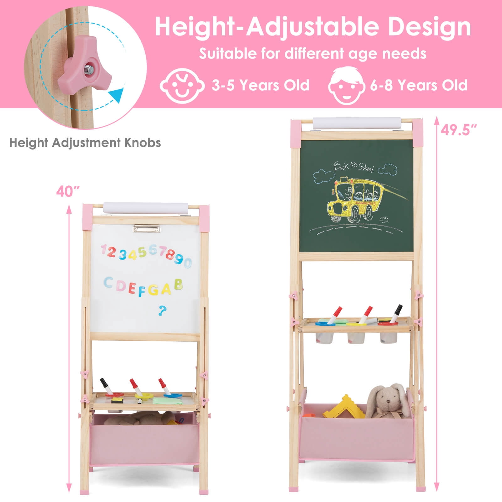 Costway 3-in-1 Kids Art Easel Double-Sided Wooden Adjustable Magnetic Drawing Board Pink