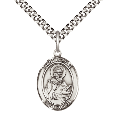 .925 Sterling Silver Saint Isidore of Seville Medal Pendant on 24 Inch Endless Rhodium Plated Heavy Curb Brass Chain, Catholic Religious Necklace -Made in USA- Deluxe Velvet Gift Box