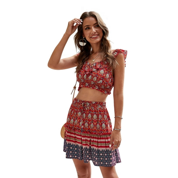 Women S Bohemian Floral Print Cami Crop Top With High Waist A Line Mini Skirt Ruffle Two Pieces Outfits Sleeveless V Neck Crop Tops And Beach Skirt Set Outfit Dress Suit Set Xs