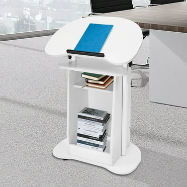 Lectern Podium Stand, Portable Presentation Stand with 0-90° Adjustable Angle, Mobile Height Adjustable Church Classroom Lecture,  Multi-Function Reading or Laptop Desk with Wheels White