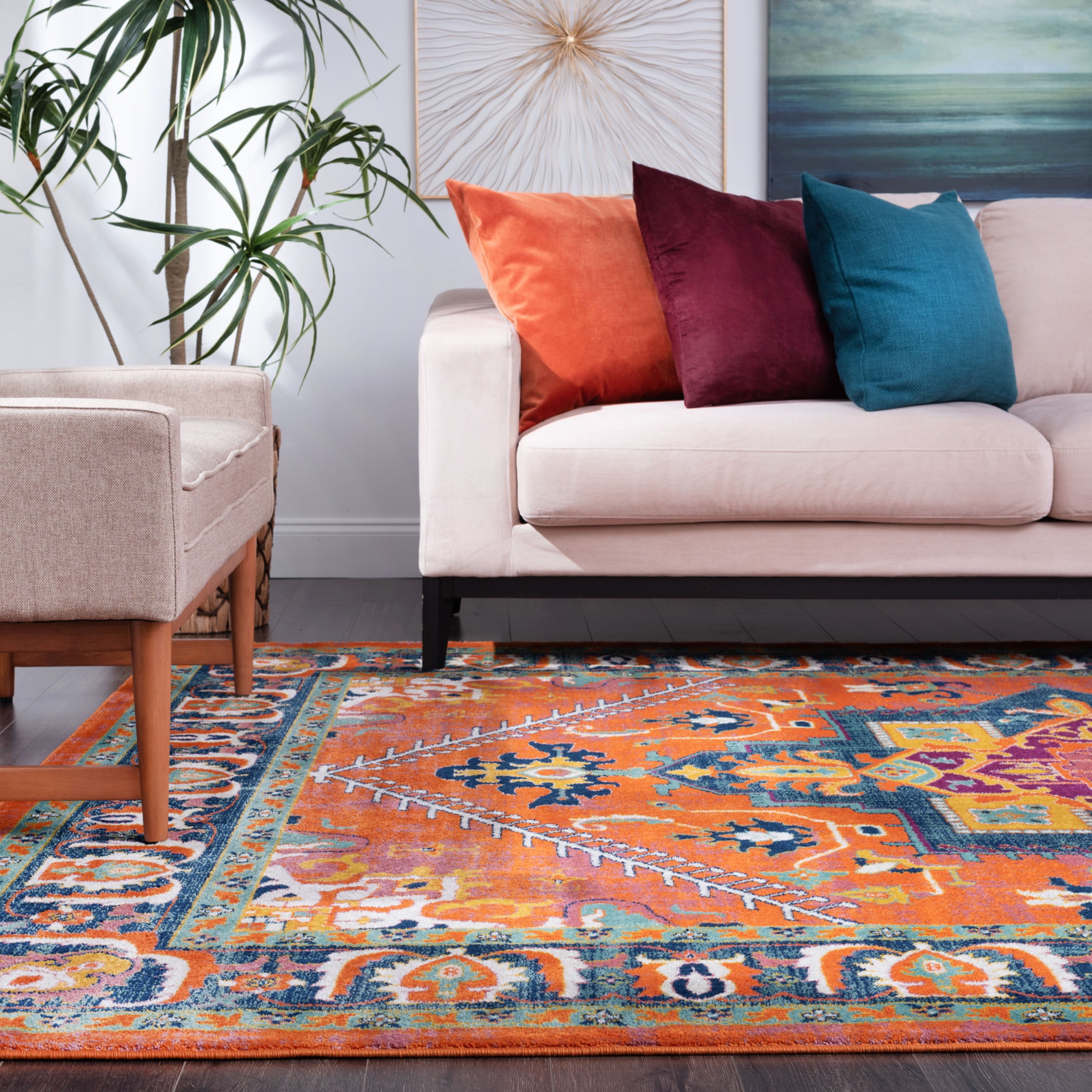 Transitional 4x6 Area Rug (3'11'' x 5'3'') Oriental Orange, Navy Indoor Rectangle Easy to Clean
